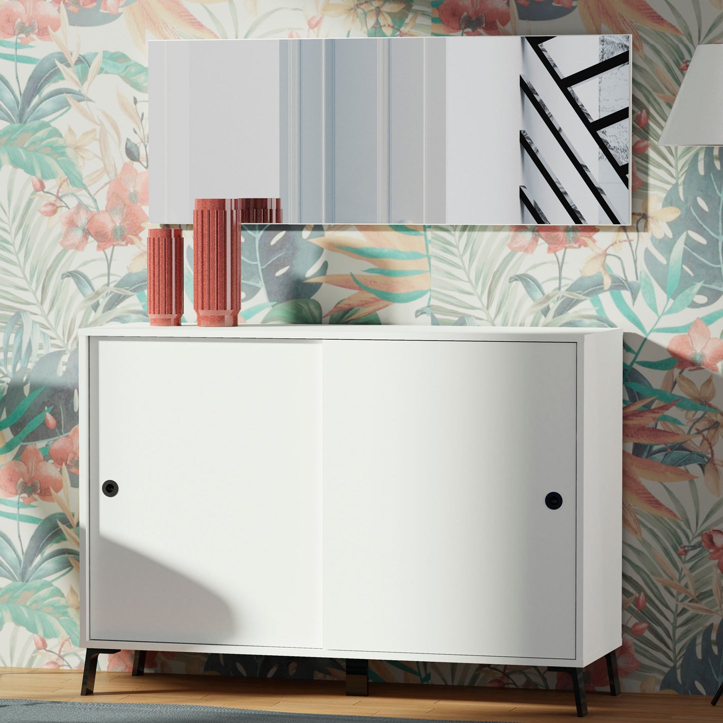 Aparador, Mueble Salón Auxiliar, Buffet, 2 Puertas Correderas 87x120x40 Cm Recibidor Moderno, Briebe, Lys, Blanco_1
