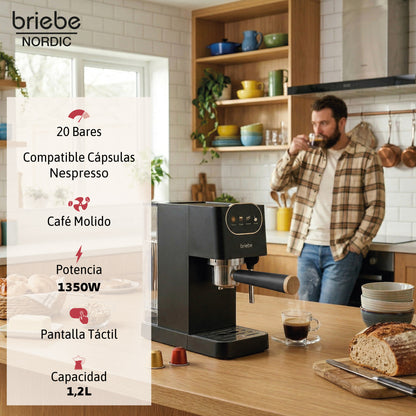 Briebe Nordic Set Cafetera 20 Bares Cápsulas, Café Molido Espumador Leche Tostadora 2 Rebanadas Anchas,skt1221blk,negro_2
