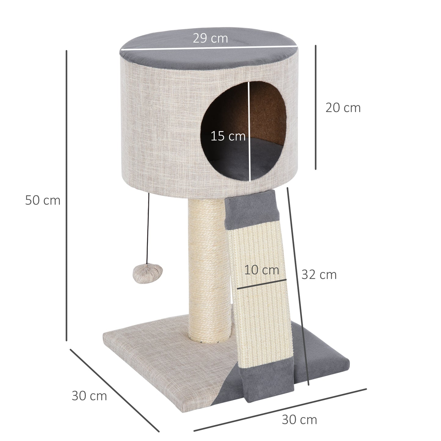 Pawhut Árbol Para Gatos 30x30x50 Cm Con Bola Colgante Cueva Suave Poste Rascador_2