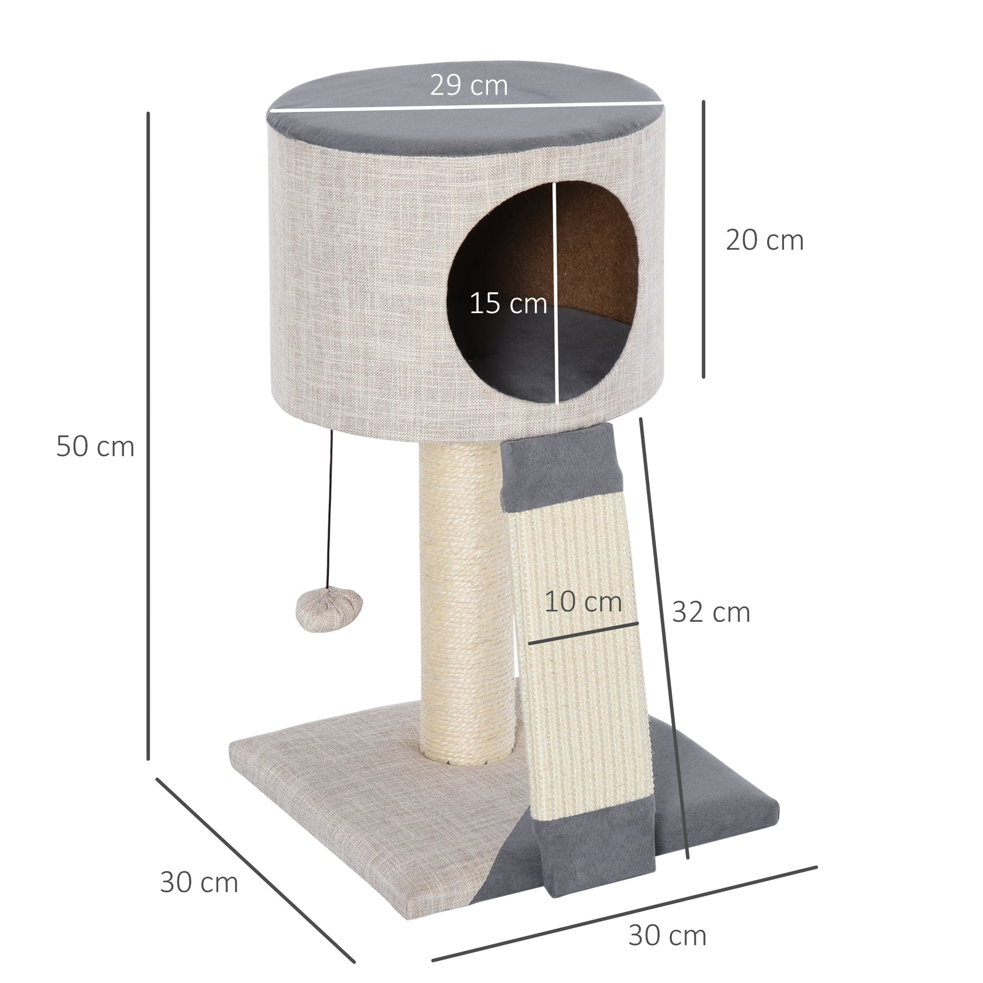 Pawhut Árbol Para Gatos 30x30x50 Cm Con Bola Colgante Cueva Suave Poste Rascador_2