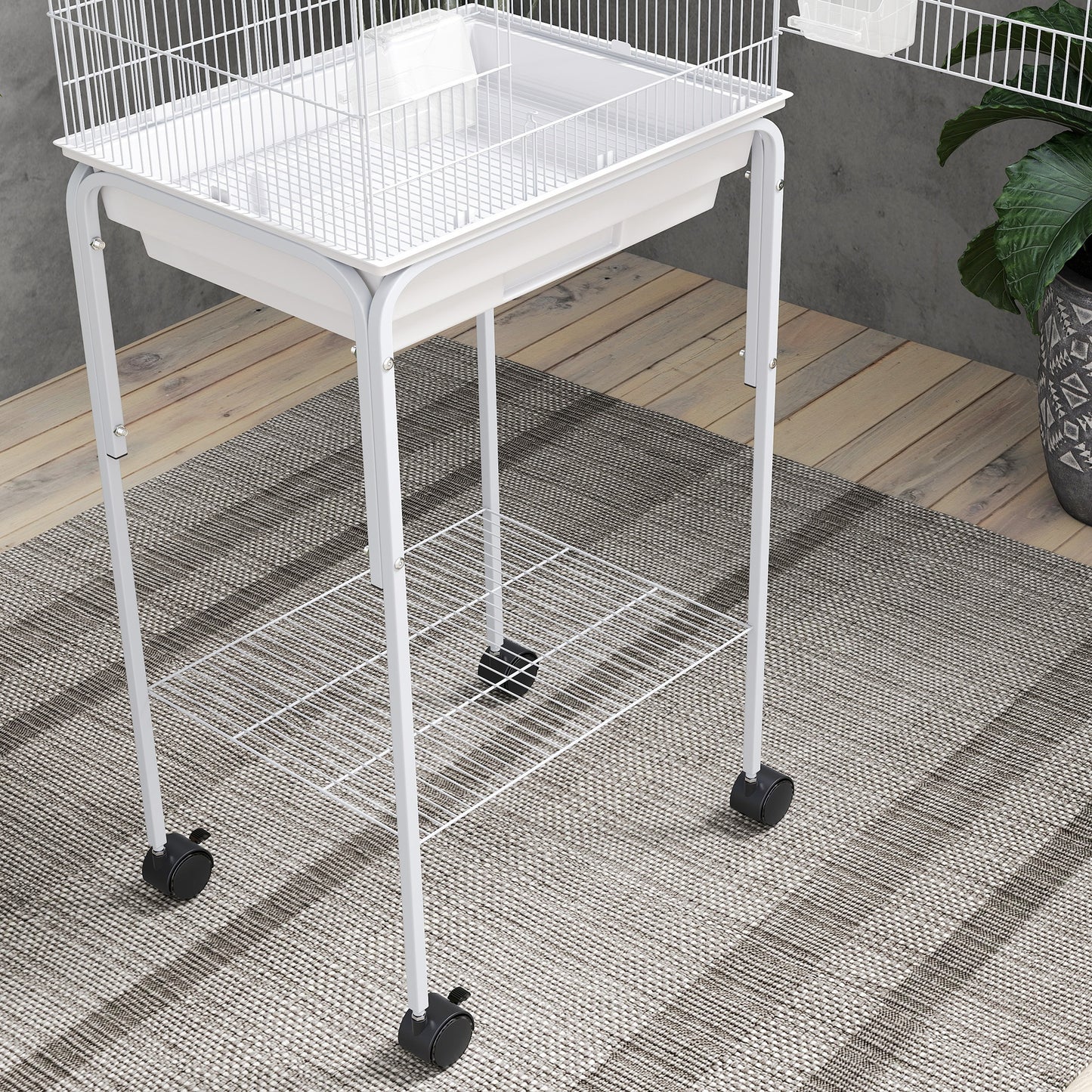 Pawhut Jaula Para Pájaros Con Ruedas Estante Comederos 46,5x36x124 Cm Blanco_4