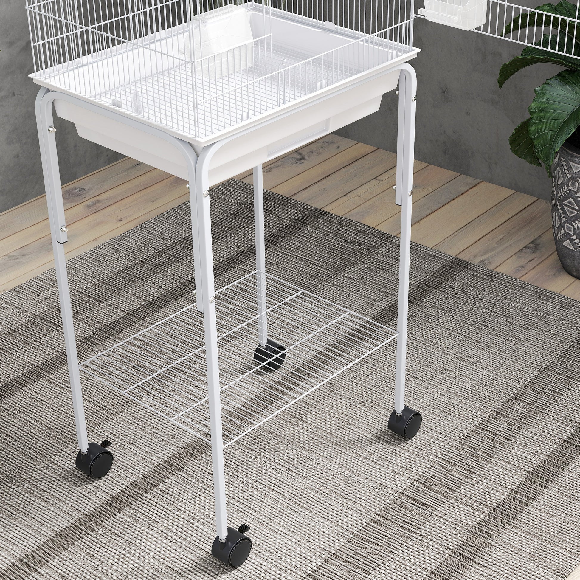 Pawhut Jaula Para Pájaros Con Ruedas Estante Comederos 46,5x36x124 Cm Blanco_4