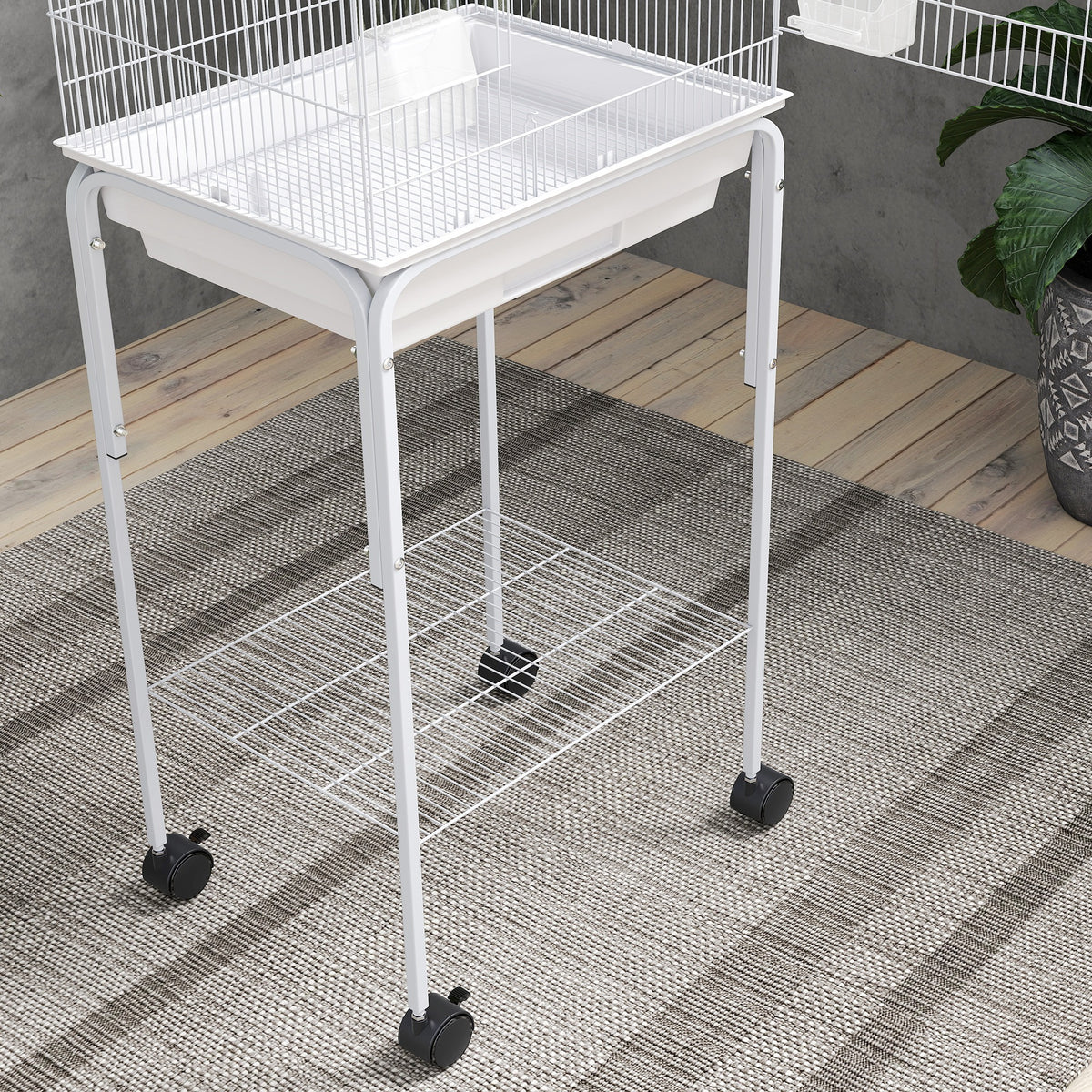 Pawhut Jaula Para Pájaros Con Ruedas Estante Comederos 46,5x36x124 Cm Blanco_4