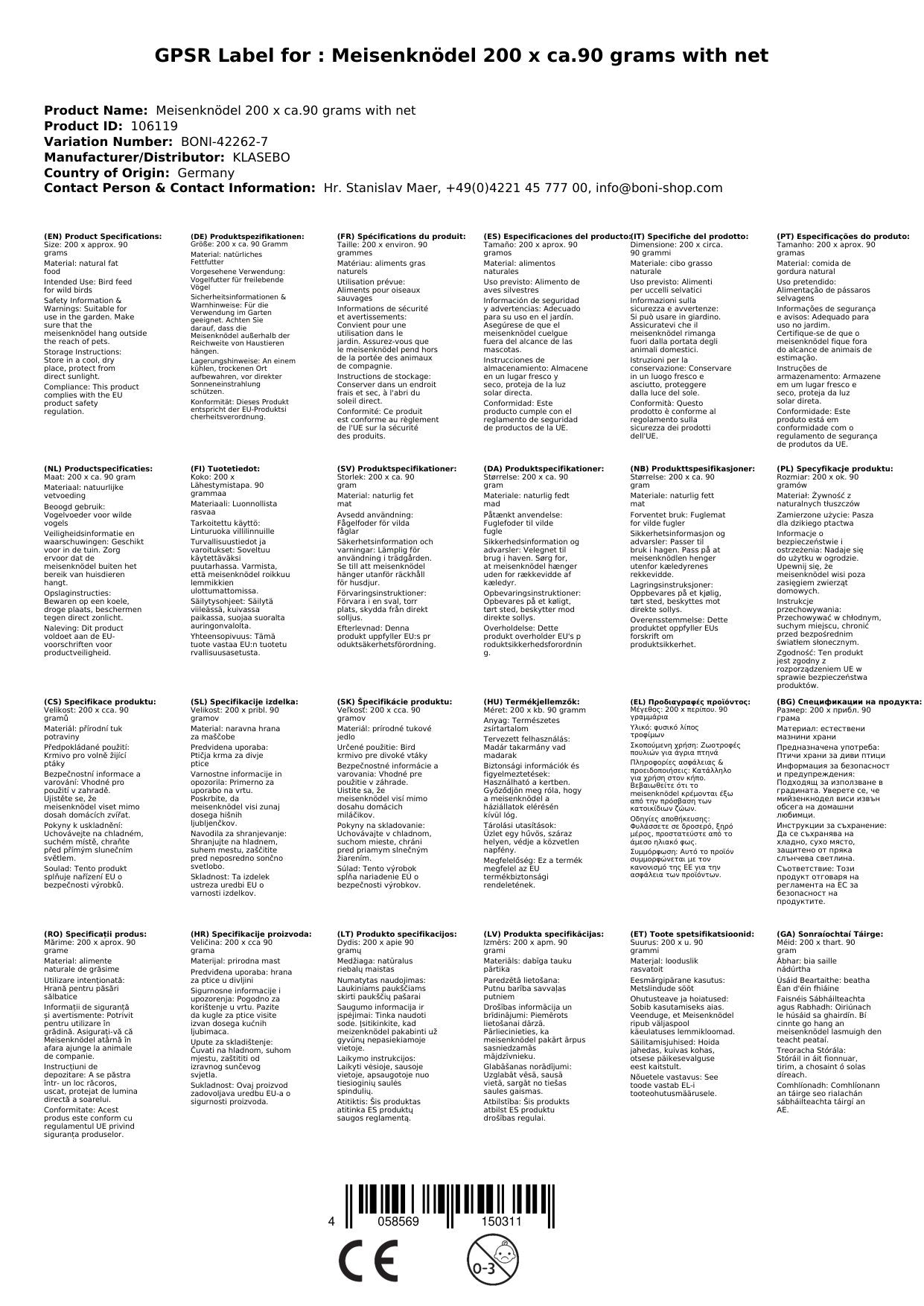 Comida Para Pajaros, Bolas De Grasa 200 X Ca.90 Gramos Con Red, Alimento Para Pajaros_1