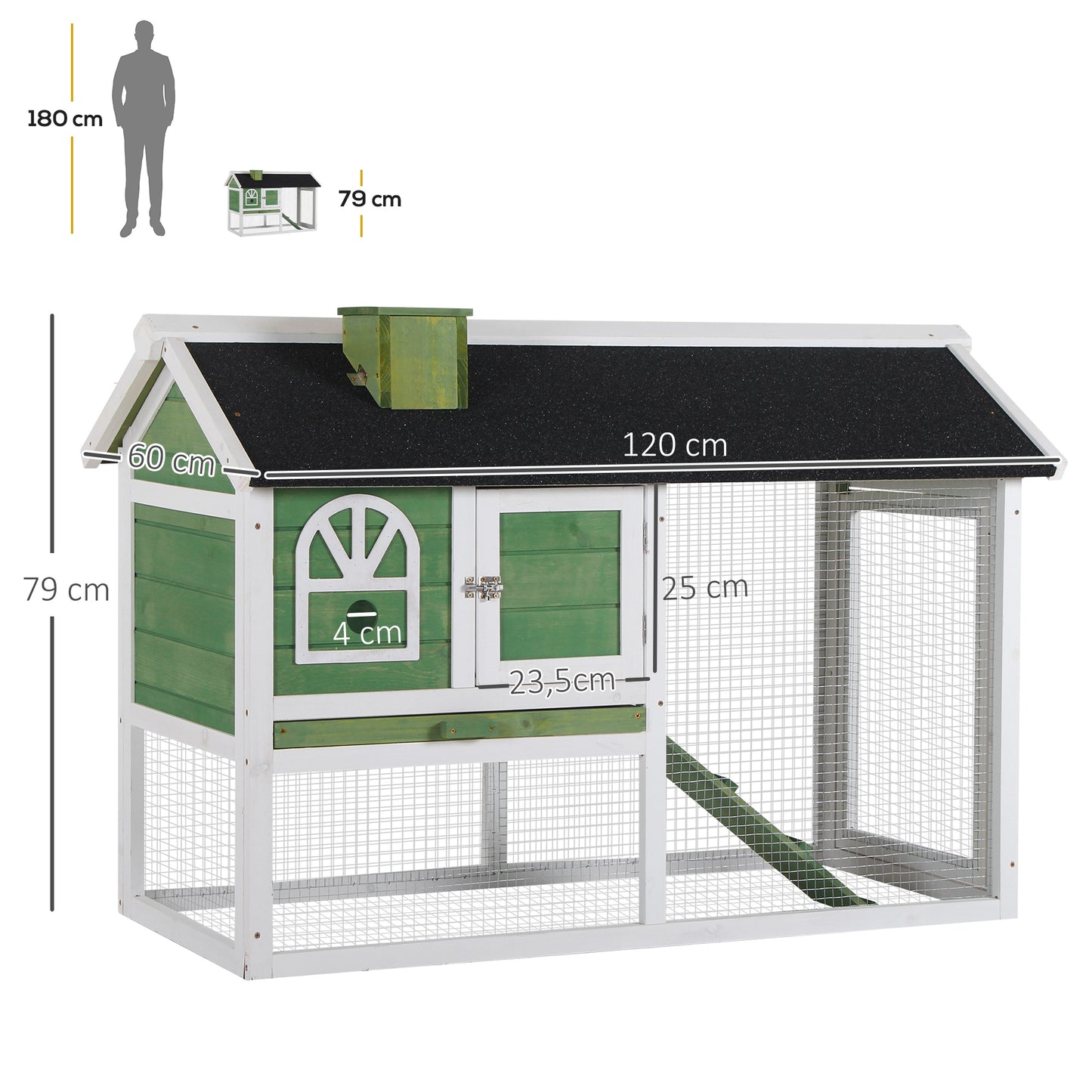 Pawhut Conejera De Madera 120x60x79 Cm Con Techo Asfáltico Verde_2