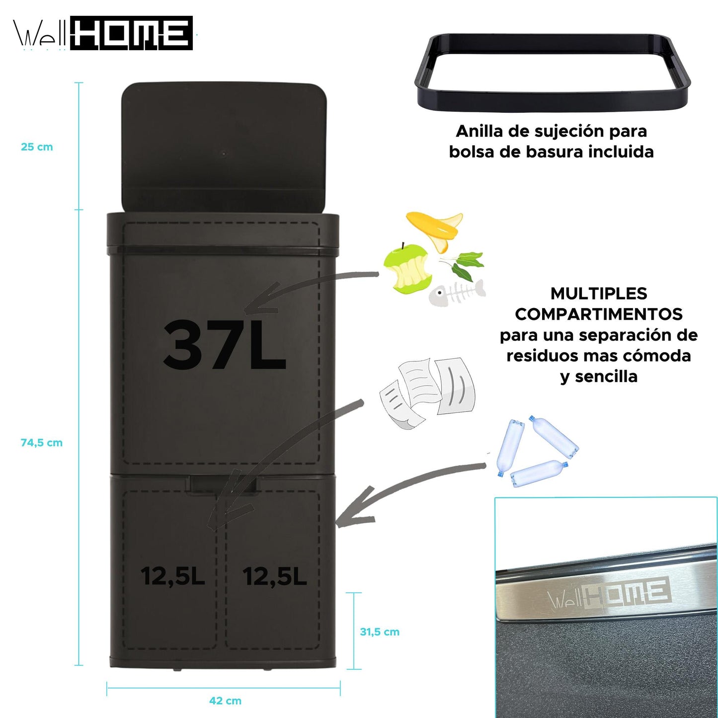 Papelera Reciclaje 62l Acero Inoxidable Negro