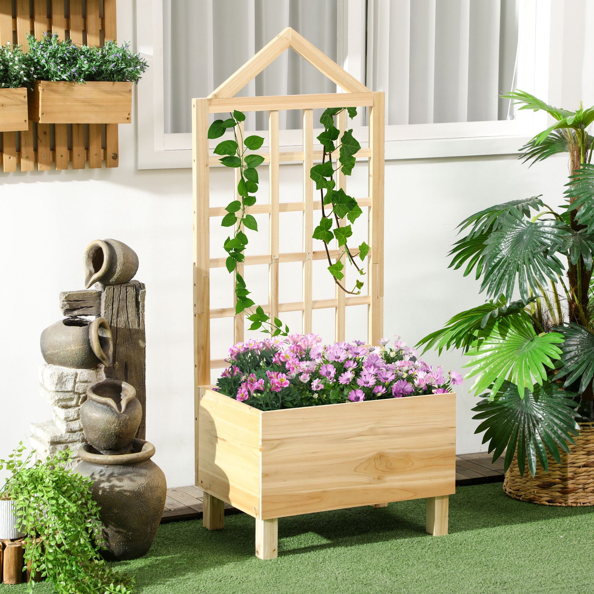 Outsunny Jardinera De Madera Con Enrejado Con Tela No Tejida 60x43x147cm Natural_1