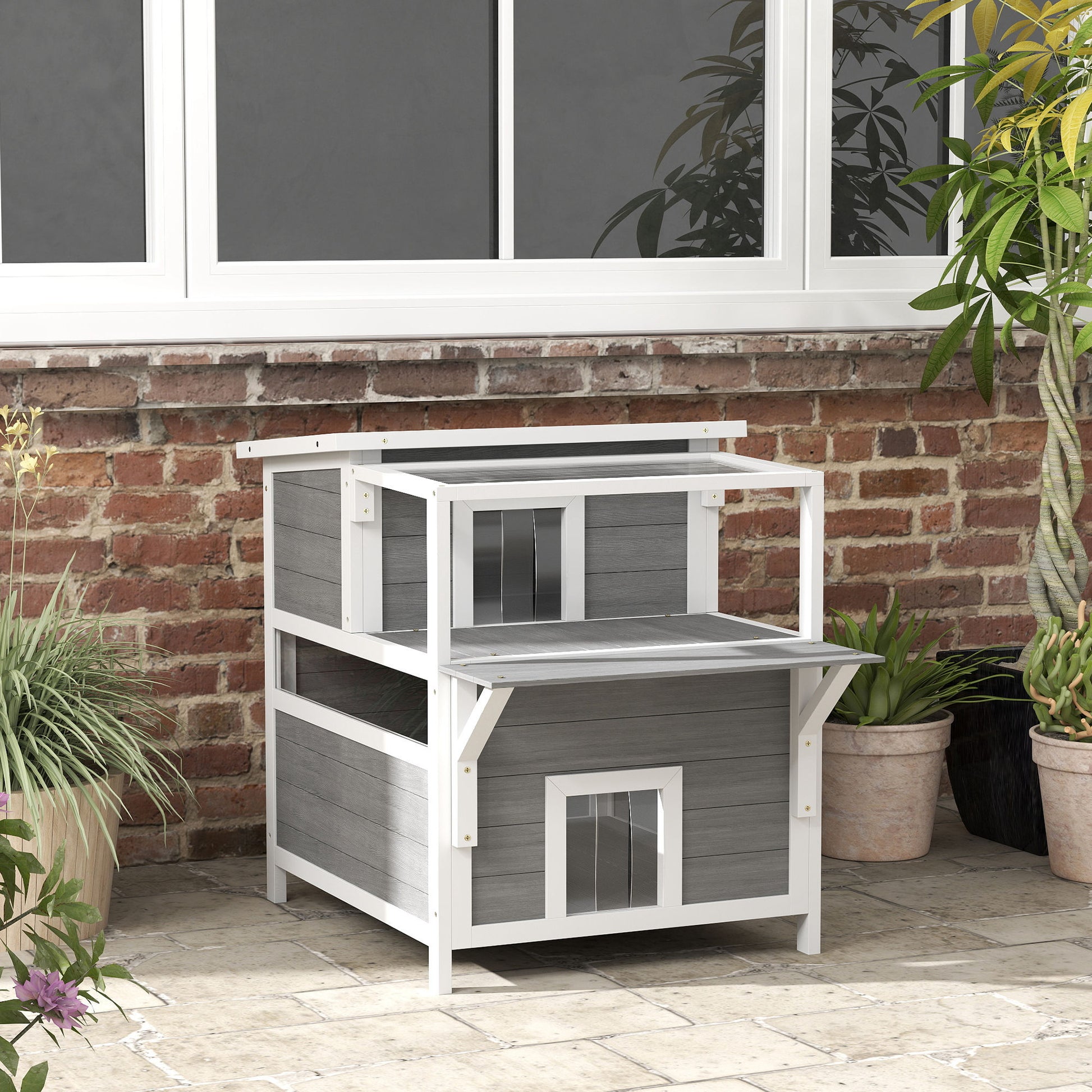 Pawhut Caseta Para Gatos De Madera Con Techo Asfáltico 64x87x76 Cm Gris Claro_1