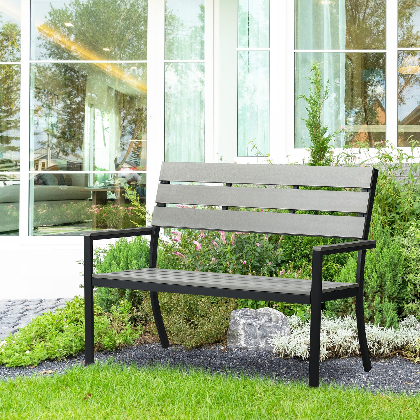 Outsunny Banco De Jardín De 2 Plazas De Plástico Con Marco De Acero 122x65x92 Cm_4