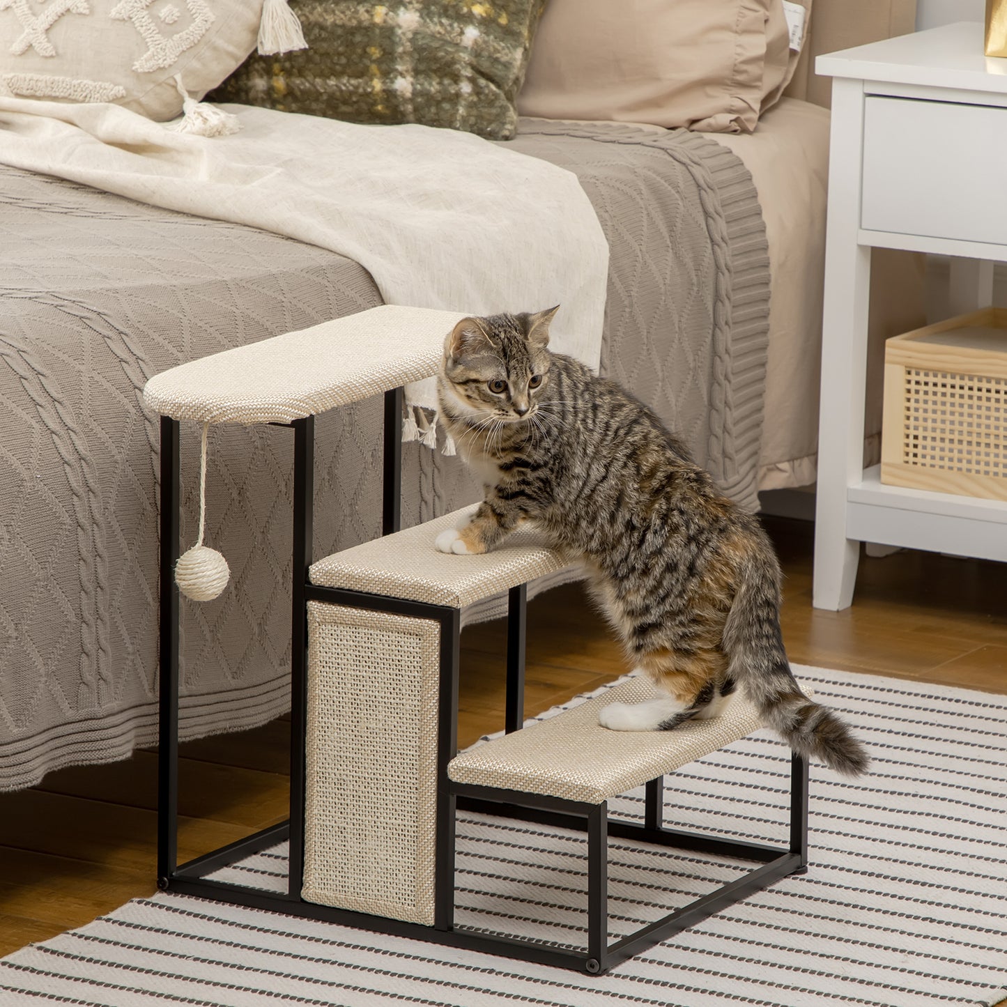 Pawhut Escalera Para Perros De 3 Niveles Con Bola Colgante 47x45x47 Cm Crema_1