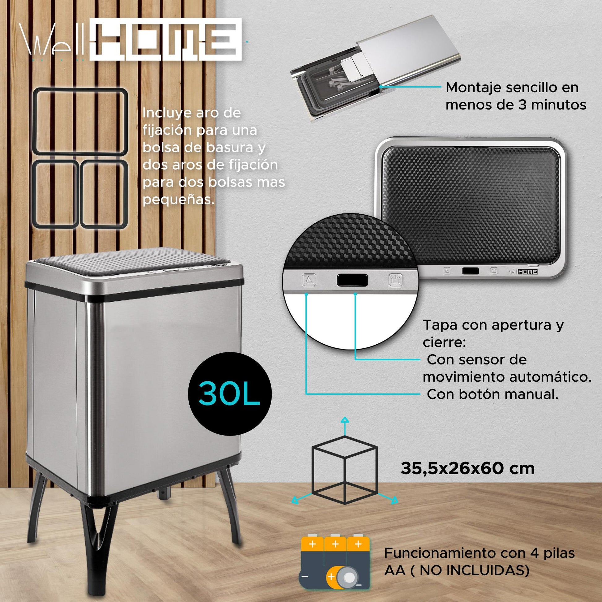 Wellhome Cubo Inteligente Apertura Automática Y Manual 30l Gris