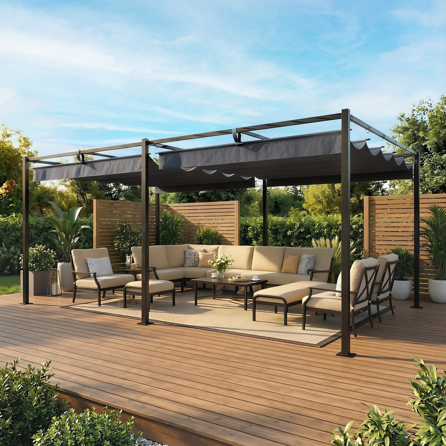 Outsunny Pérgola De Jardín 6x3 M Con Techo Retráctil Upf50+ Drenaje Gris Oscuro_4