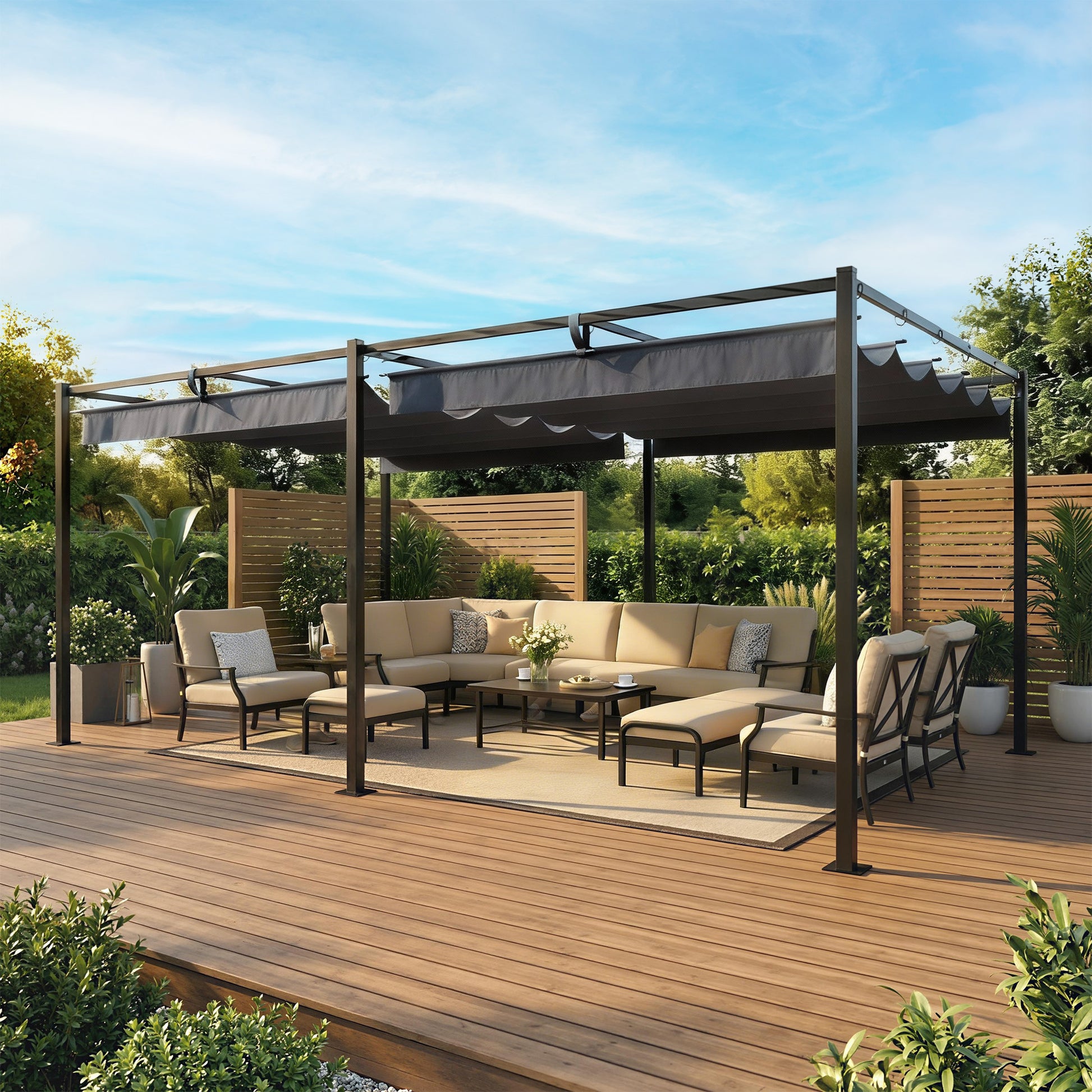 Outsunny Pérgola De Jardín 6x3 M Con Techo Retráctil Upf50+ Drenaje Gris Oscuro_4