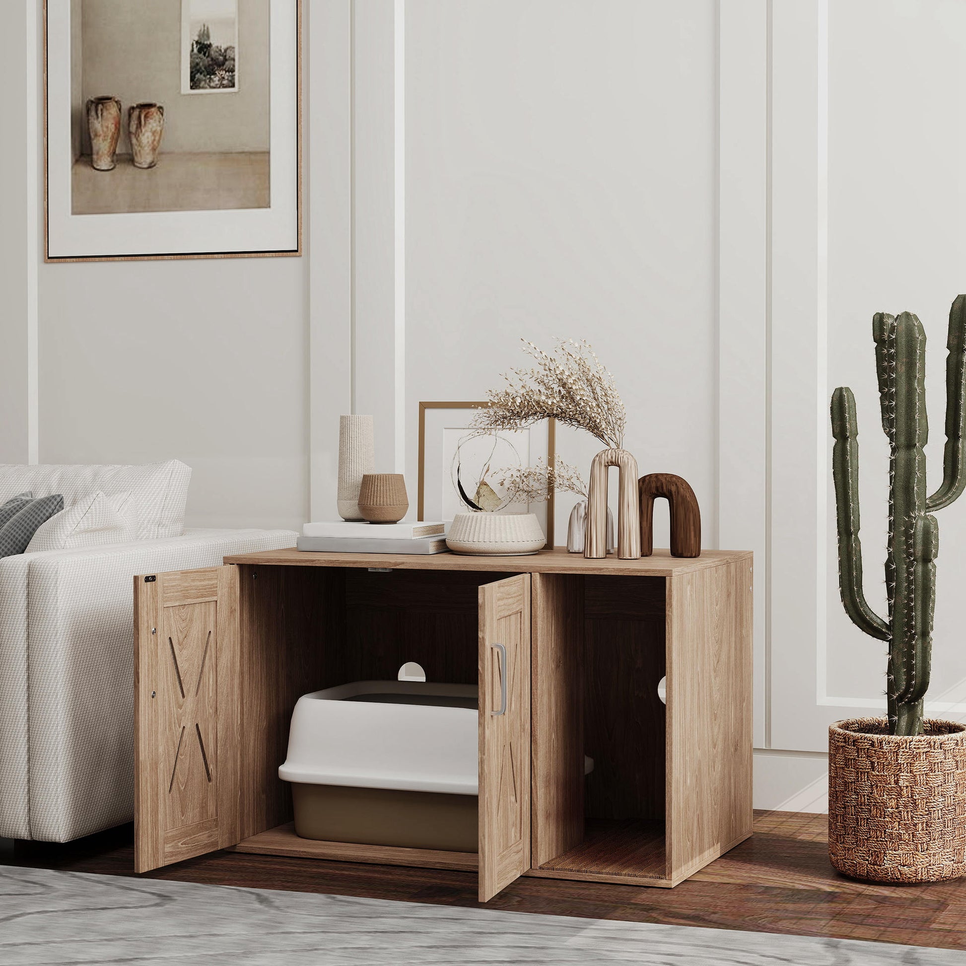 Pawhut Mueble Arenero Para Gatos 3 En 1 Con Puertas Estera Para Rascar Marrón_1