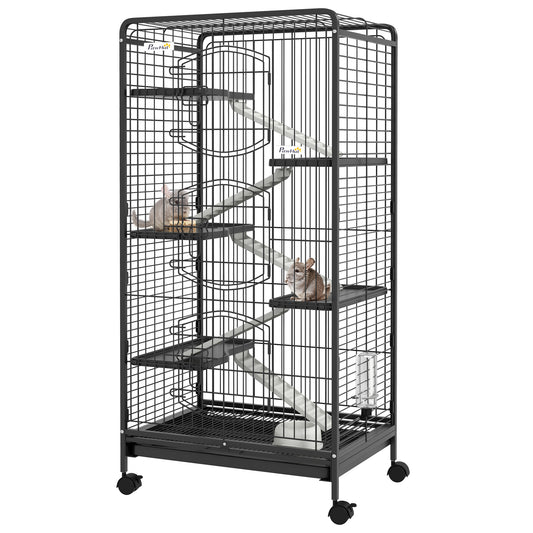 Pawhut Jaula Para Animales Pequeños De 6 Niveles Con Ruedas 61,5x44x131 Cm Negro_0