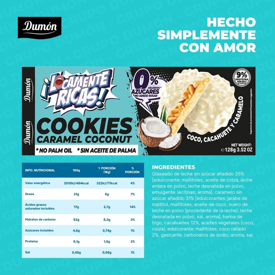 Galleta De Coco, Cacahuete Y Caramelo 128gr - Dumón, Snack Proteico Sin Azúcares Añadidos - Pack De 14 Unidades_3