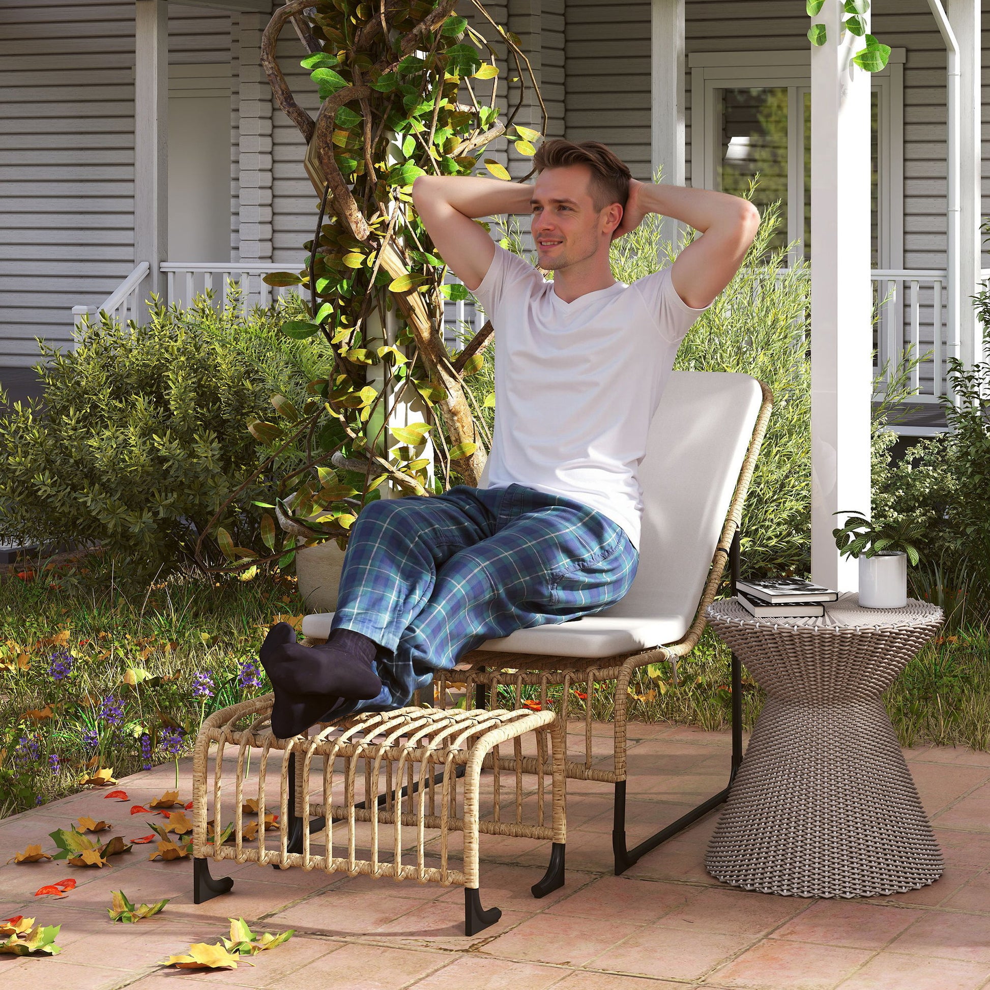 Outsunny Conjunto De Sillón De Jardín Con Reposapiés De Ratán Sintético Beige_1