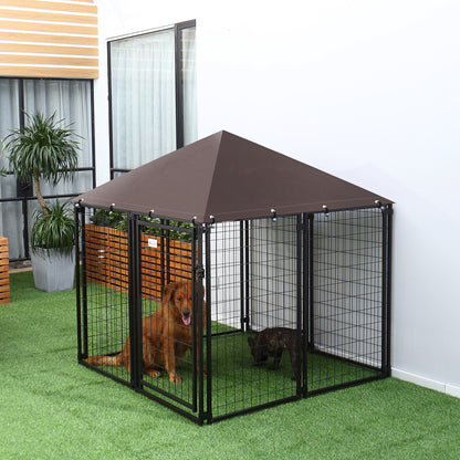 Pawhut Perrera De Exterior Con Techo 141x141x153 Cm Con Malla De Metal Y Puerta_1