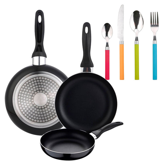 Set De 3 Sartenes + 24 Piezas De Cubertería Multicolor, Acero Inoxidable, Moderno Y Práctico
