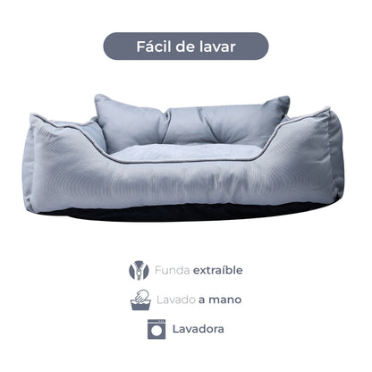 Cama Para Mascota 65x50x20cm Gris + Comedero Doble De Acero En Bambú