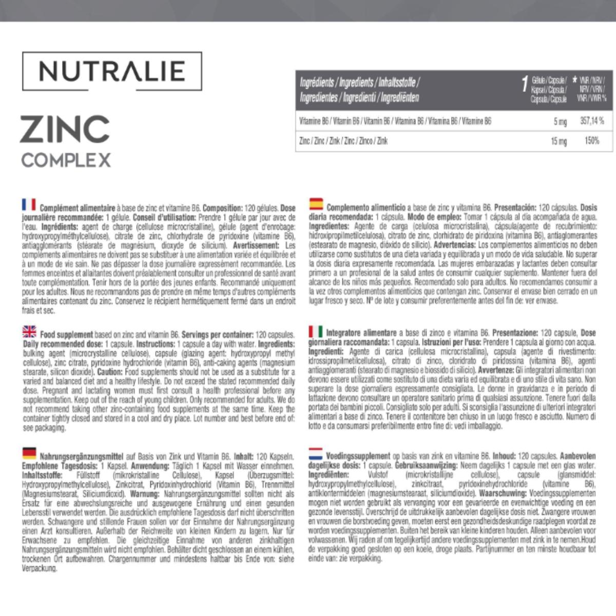 Nutralie Zinc con Vitamina B6 Acné Piel Pelo Vegano 120 Cápsulas