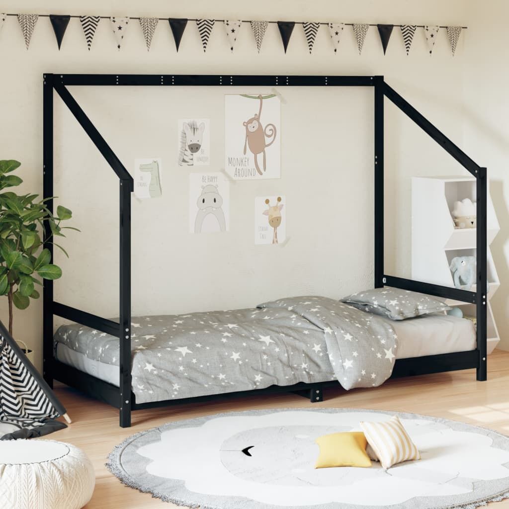 Vidaxl Estructura De Cama Para Niños Madera De Pino Negro 90x200 Cm_1