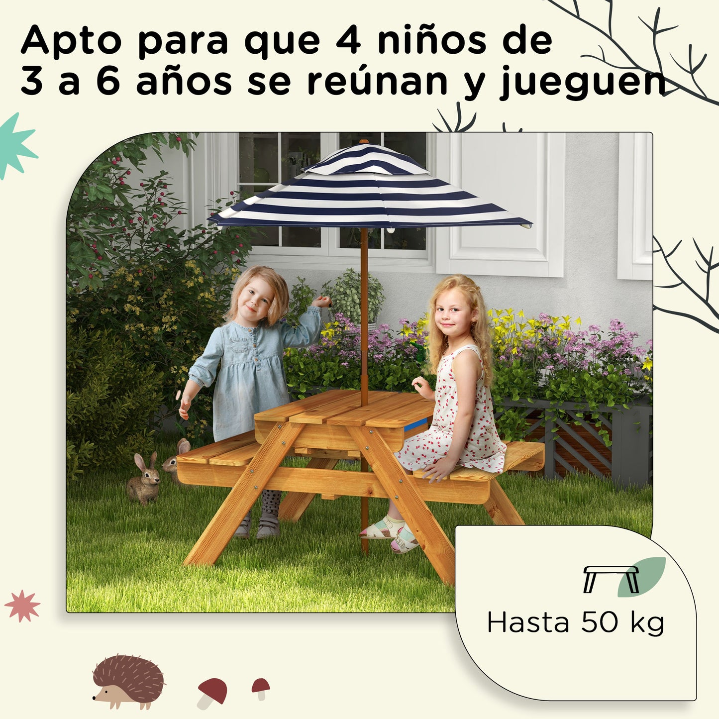 Outsunny Mesa De Picnic Para Niños Con Sombrilla Y Arenero 89x80,5x142,5 Cm Teca_5