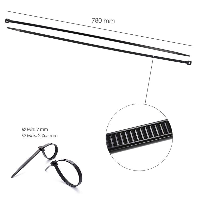 Brida Nylon 100%. Color Negro 9,0 X 780 Mm. Bolsa 100 Unidades. Abrazadera Plastico, Organizador Cables, Alta Resistencia_1