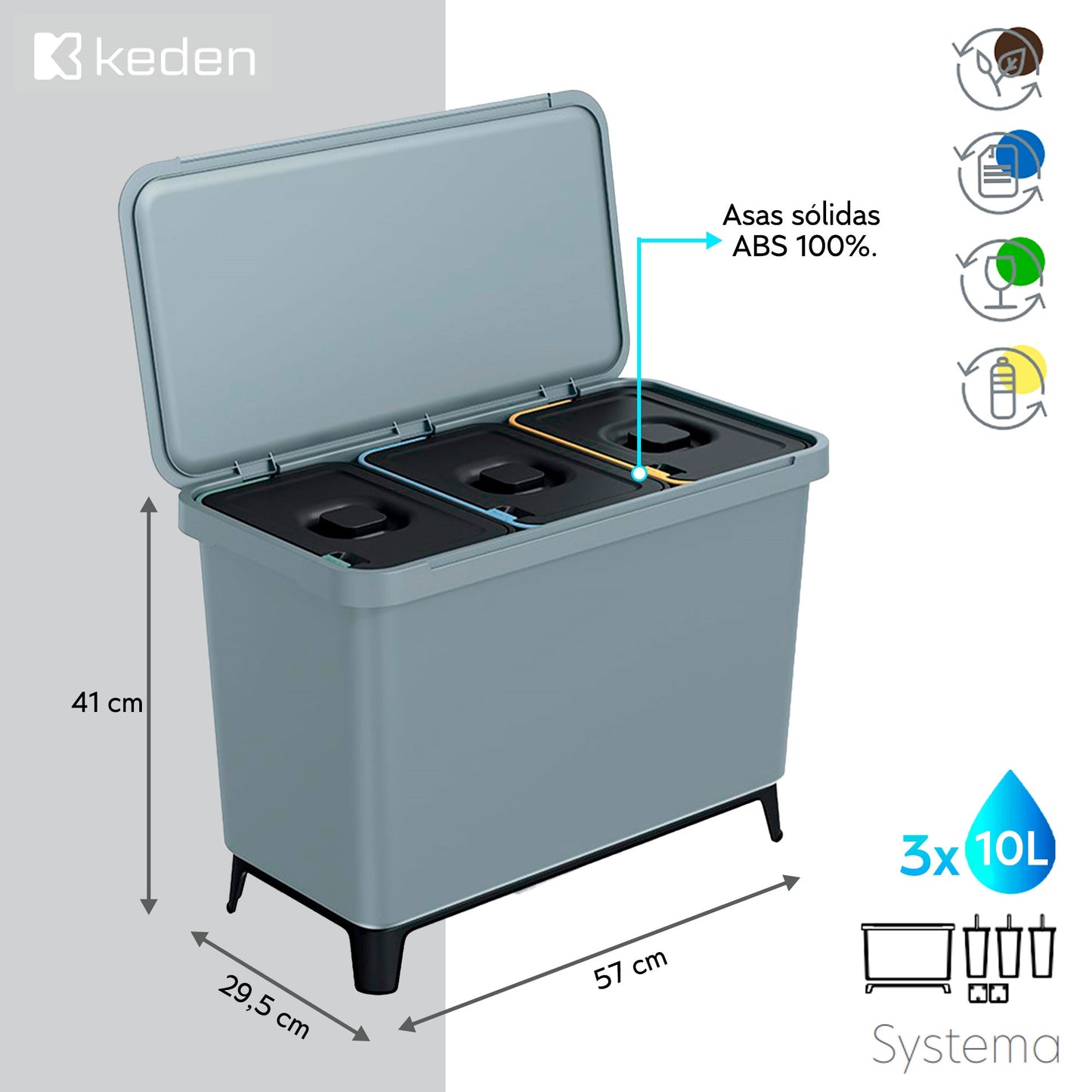 Sistema Clasificador De Reciclaje 3x10l Color Gris Keden_1