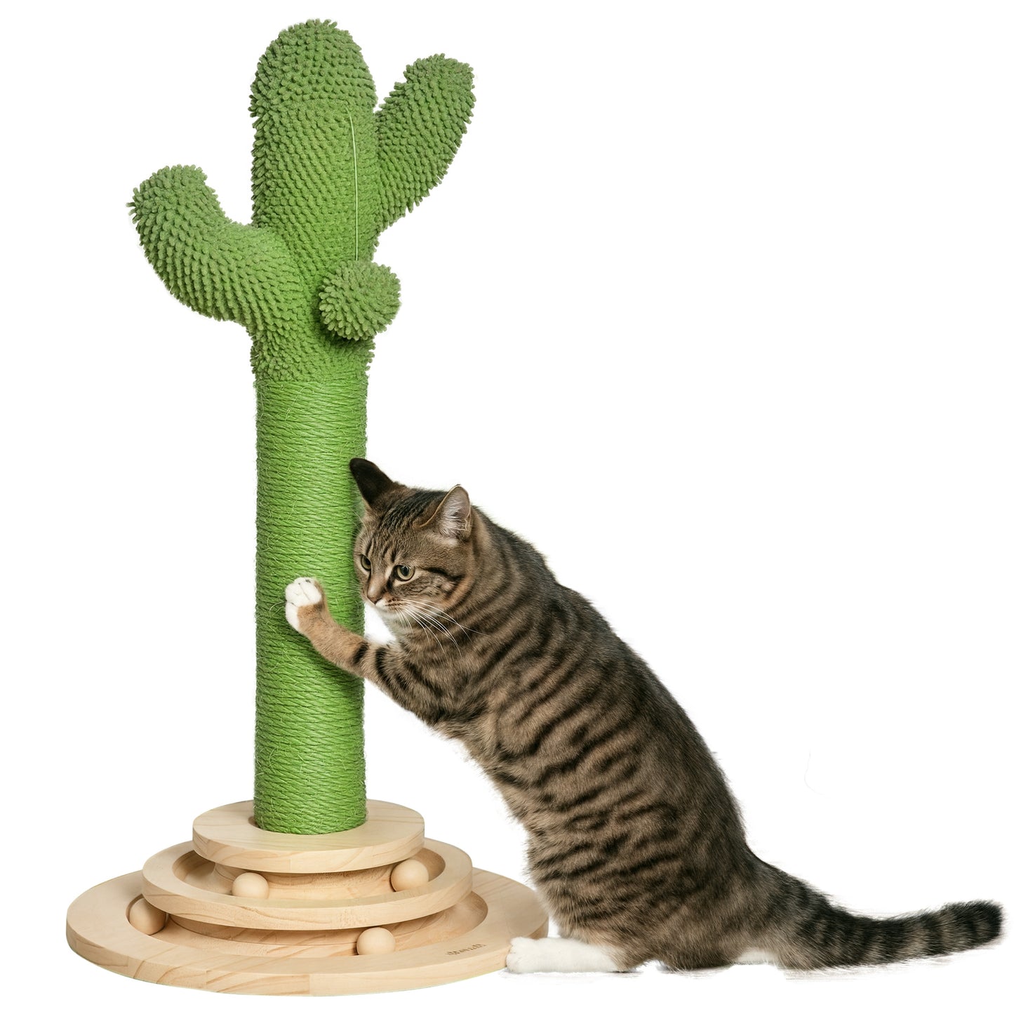 Pawhut Rascador Cactus Para Gatos Con Bola Colgante Y Juego En La Base De Madera_0