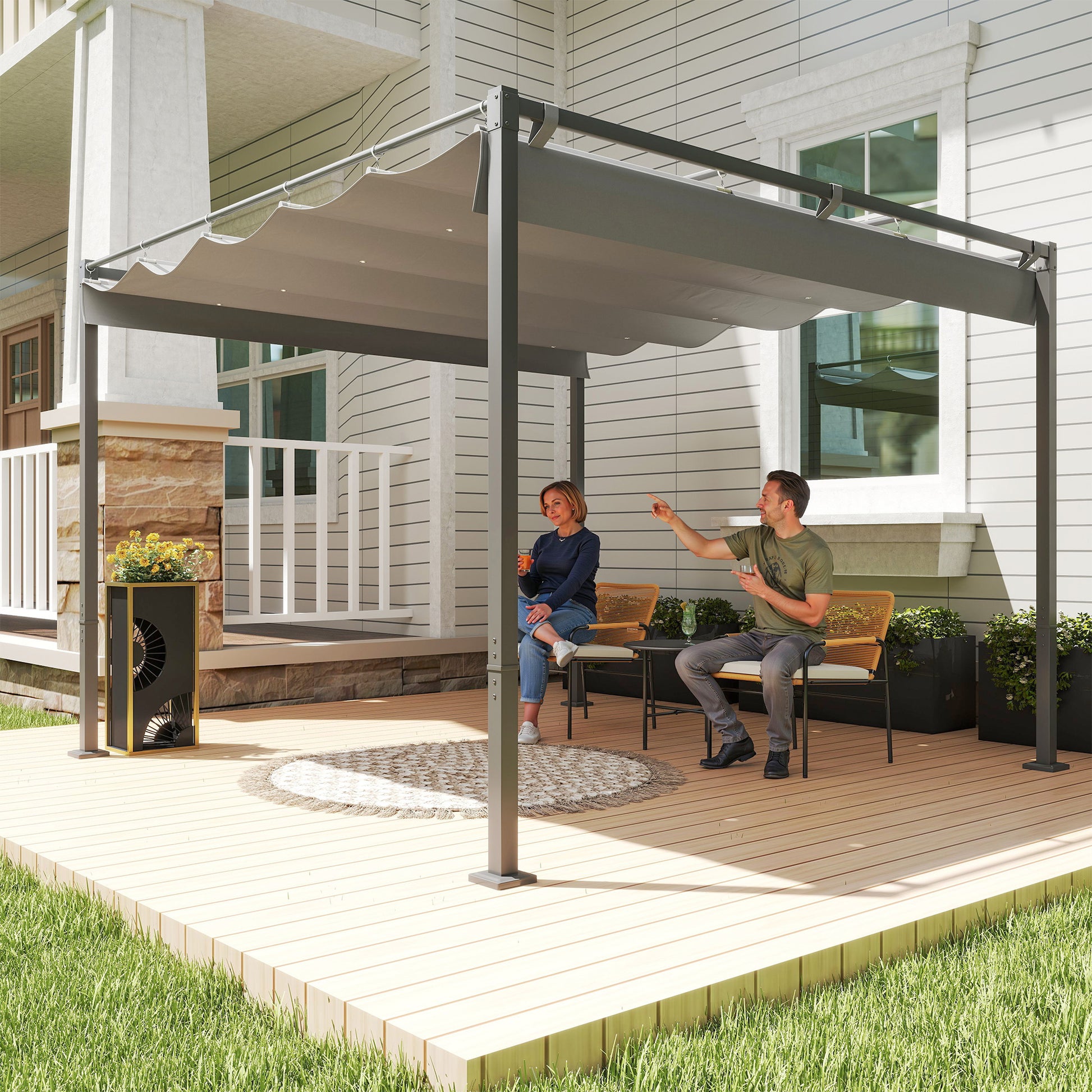 Outsunny Pérgola Con Techo Retráctil Pérgola De 3x3 M Con Cierre Magnético Gris_1