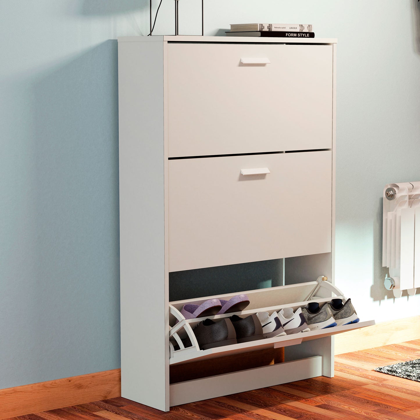 Zapatero Entrada Recibidor, Mueble Auxiliar Estrecho Zapatos, 3 Puertas, Madera 119,5x74x25 Cm, Briebe, Nova, Blanco