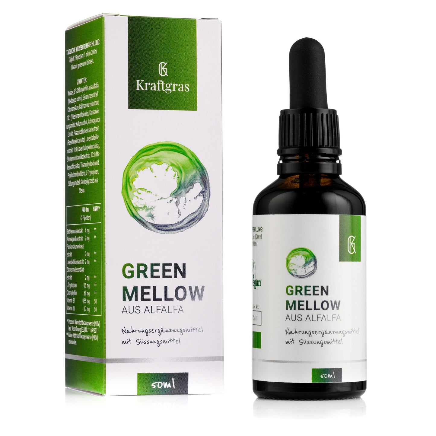 Kraftgras - Gotas Green Mellow (50 ml) - clorofila líquida de alfalfa, extractos vegetales y L-triptófano (vegano)_0
