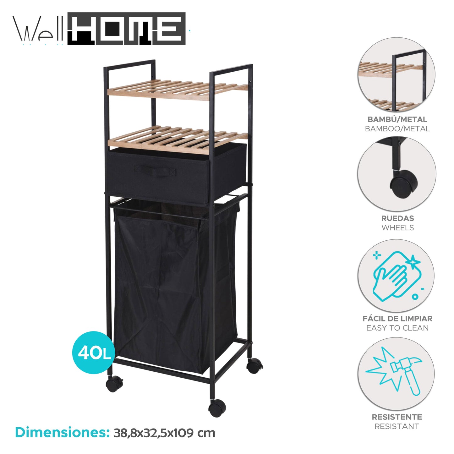 Well Home Estantería De Baño Con 2 Estantes + Bolsa De Lavandería En Poliéster De 40l, H.109cm