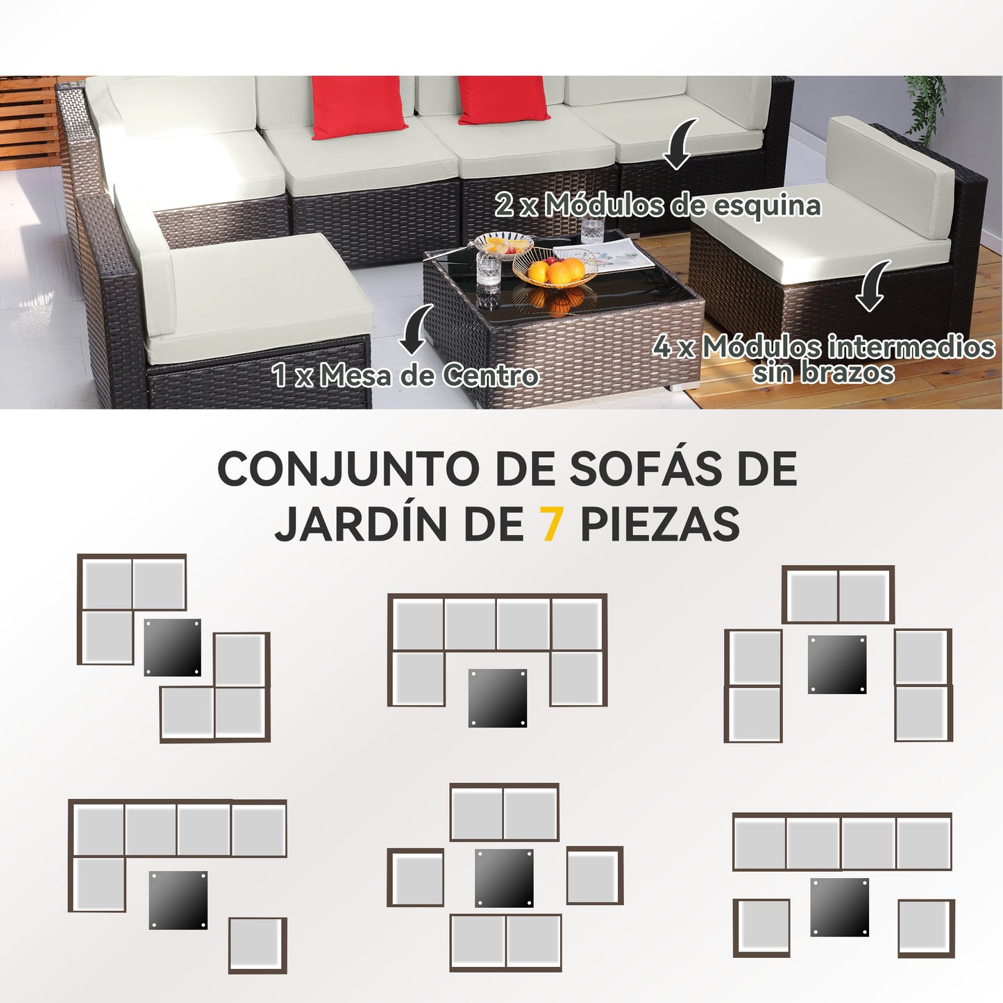 Outsunny Conjunto Muebles De Jardín Ratán 7 Piezas Set De Sofás Con Mesita_5