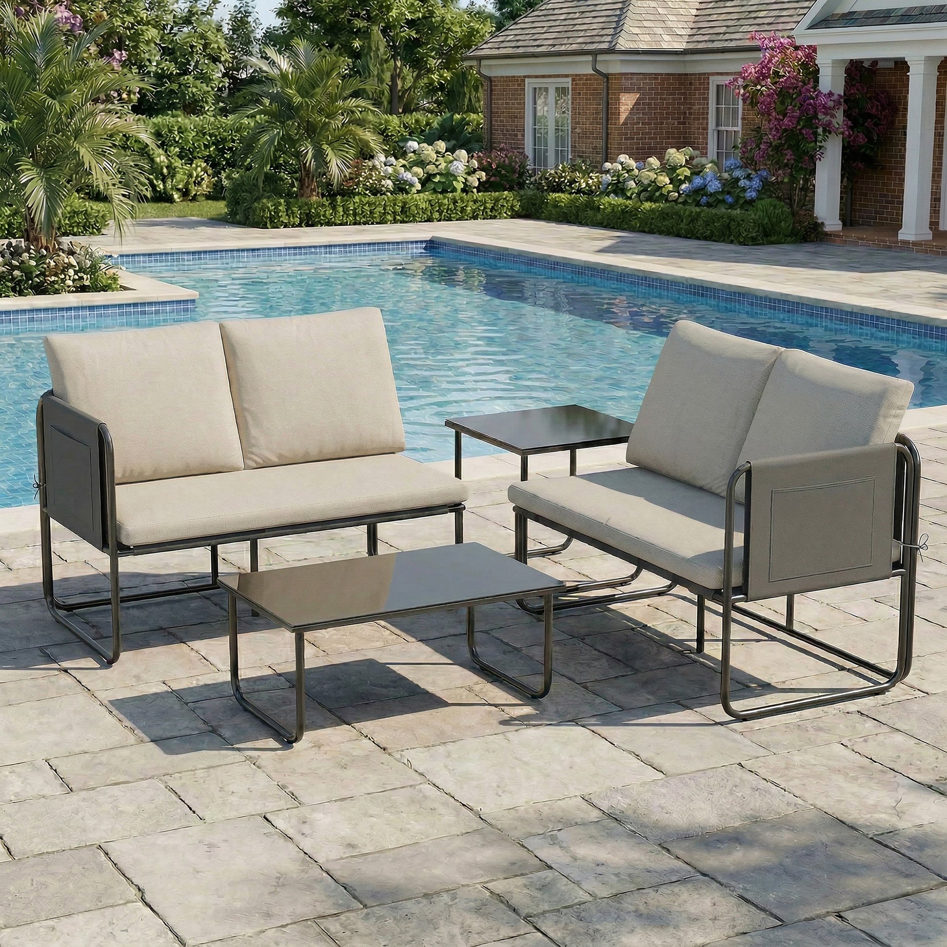 Outsunny Conjunto Jardín Exterior De 4 Piezas 2 Mesas De Vidrio 2 Sofás Cojines_1