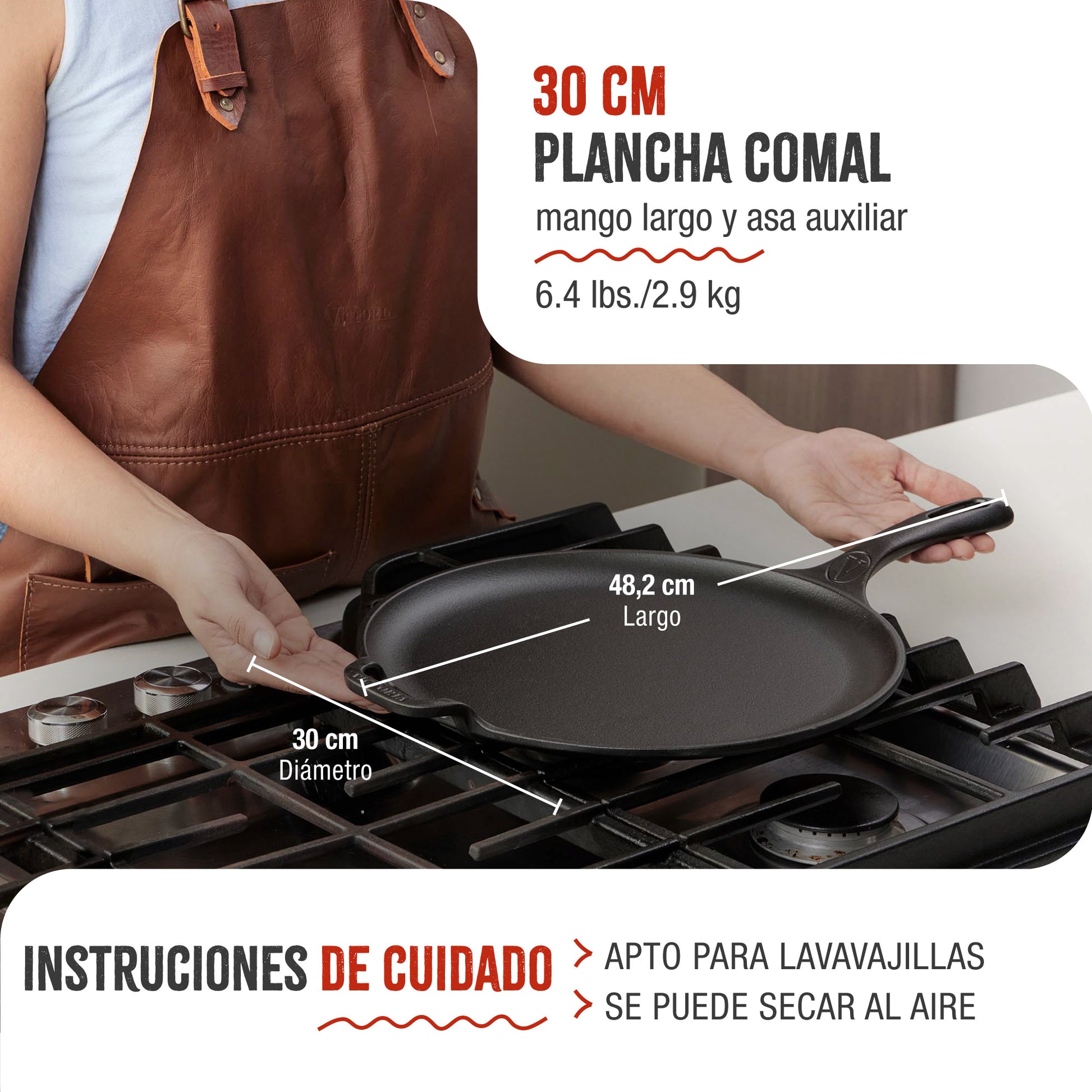 Victoria Plancha Cocina Inducción Comal Hierro Fundido Esmaltado, Pizza, Tortillas 30cm Fuego, Barbacoa, 36379, Negro_4