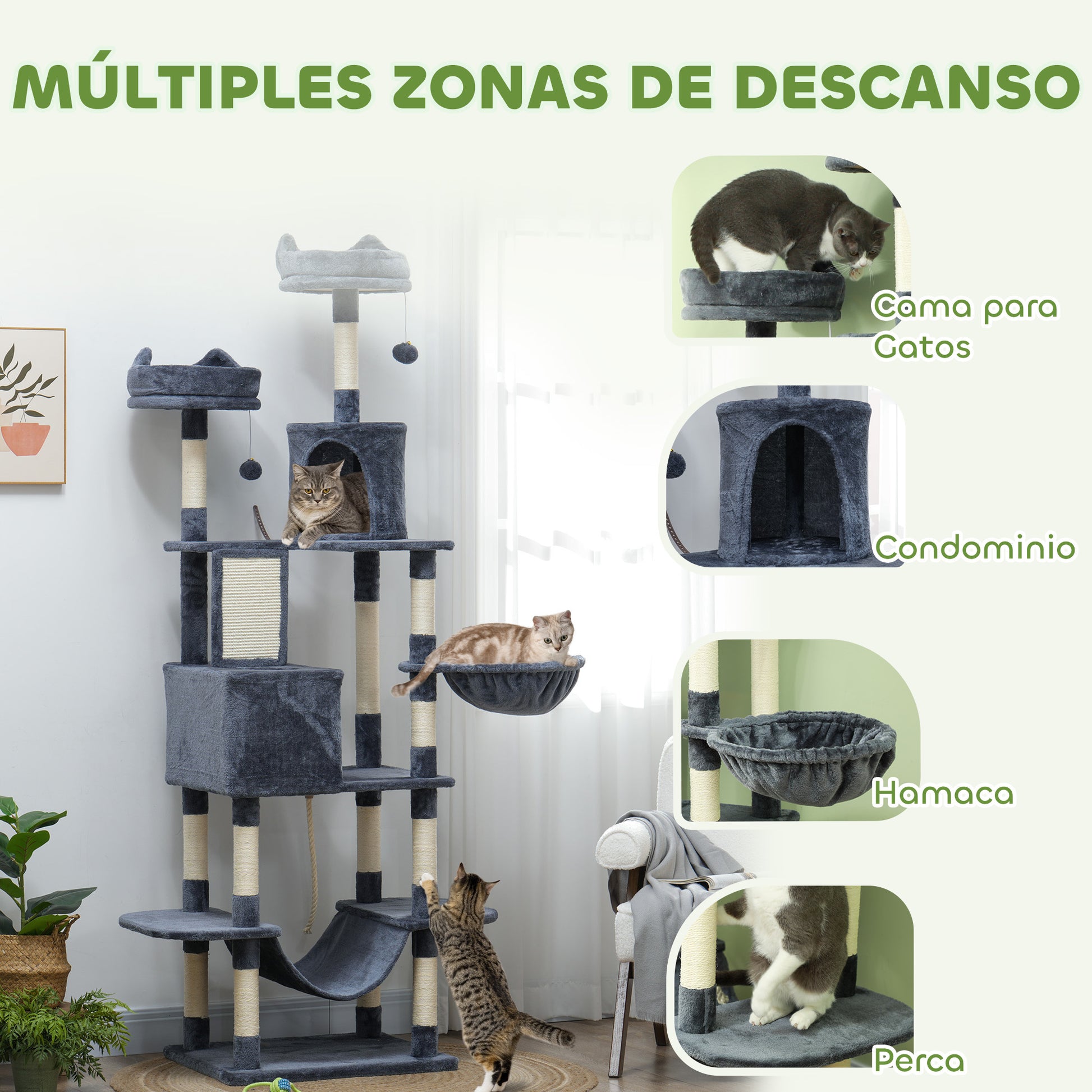 Pawhut Árbol Rascador Para Gatos Grande Altura 206 Cm Con Hamacas Gris Oscuro_3