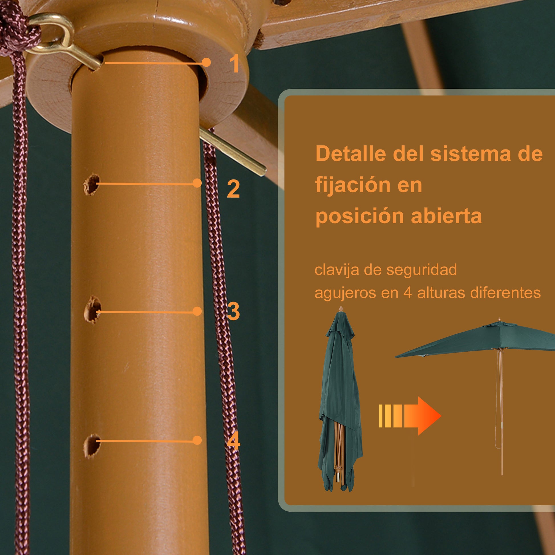 Outsunny Sombrilla Parasol 3x2x2,55m Jardín Terraza Poliéster 180g/m² Y Madera_5