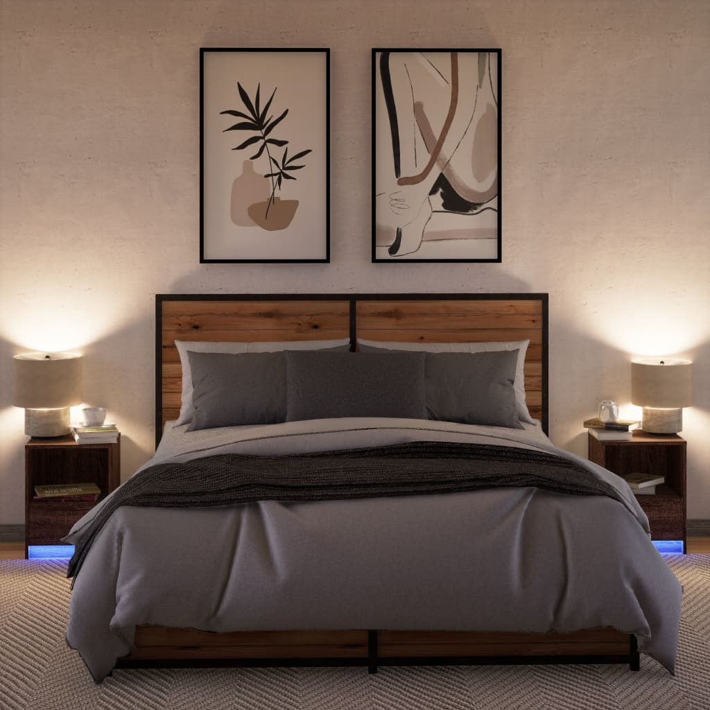 Mesitas De Noche Luces Led 2 Uds Madera Ingeniería Roble Marrón_3