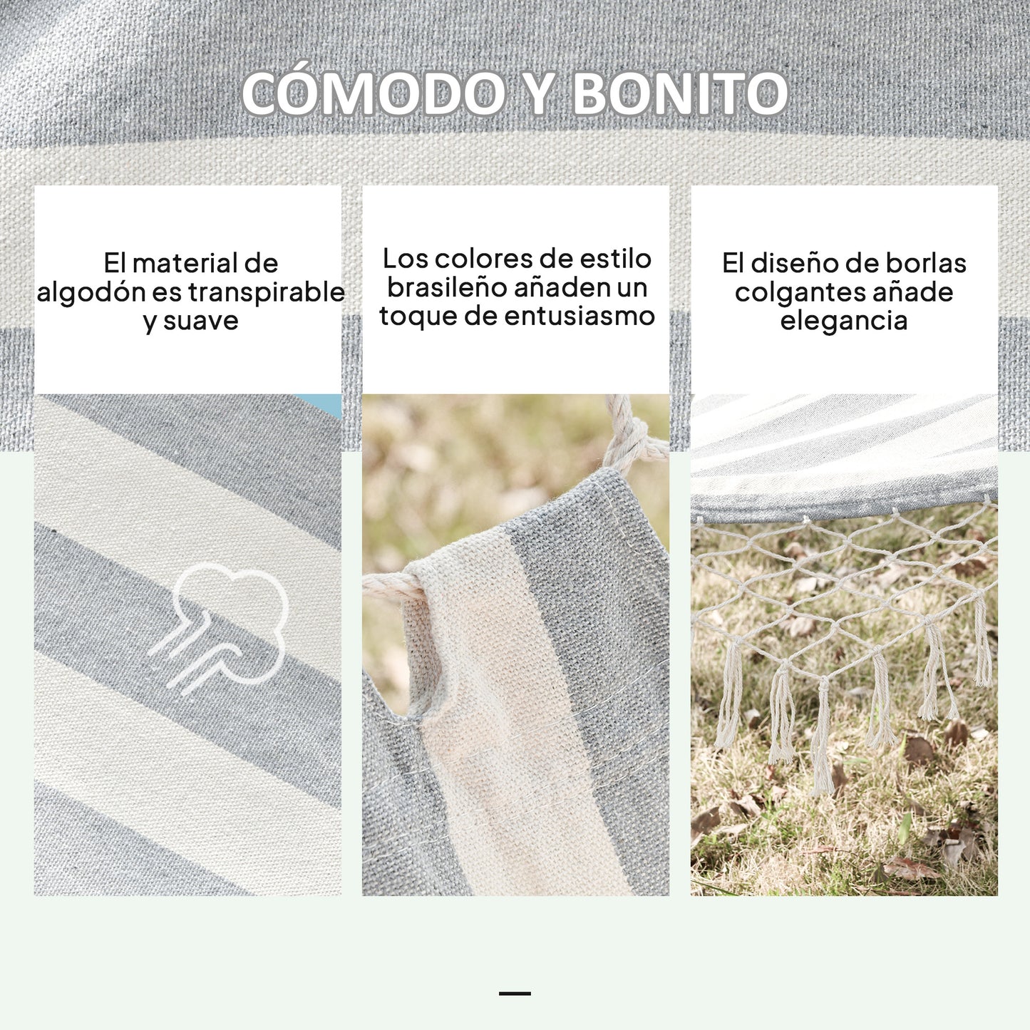 Outsunny Hamaca De Jardín Con Travesaños De Madera Carga 120 Kg Gris Y Crema_3