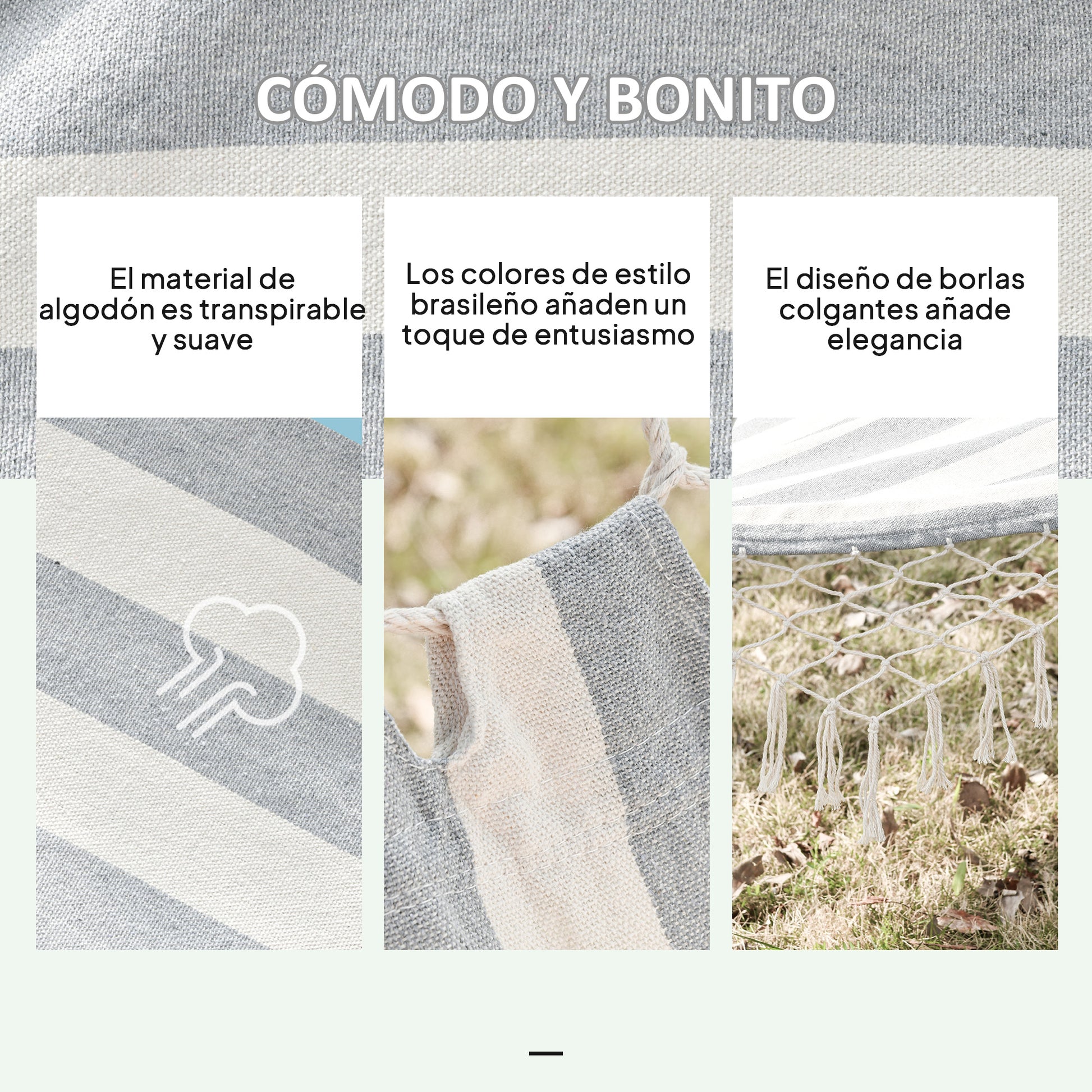Outsunny Hamaca De Jardín Con Travesaños De Madera Carga 120 Kg Gris Y Crema_3