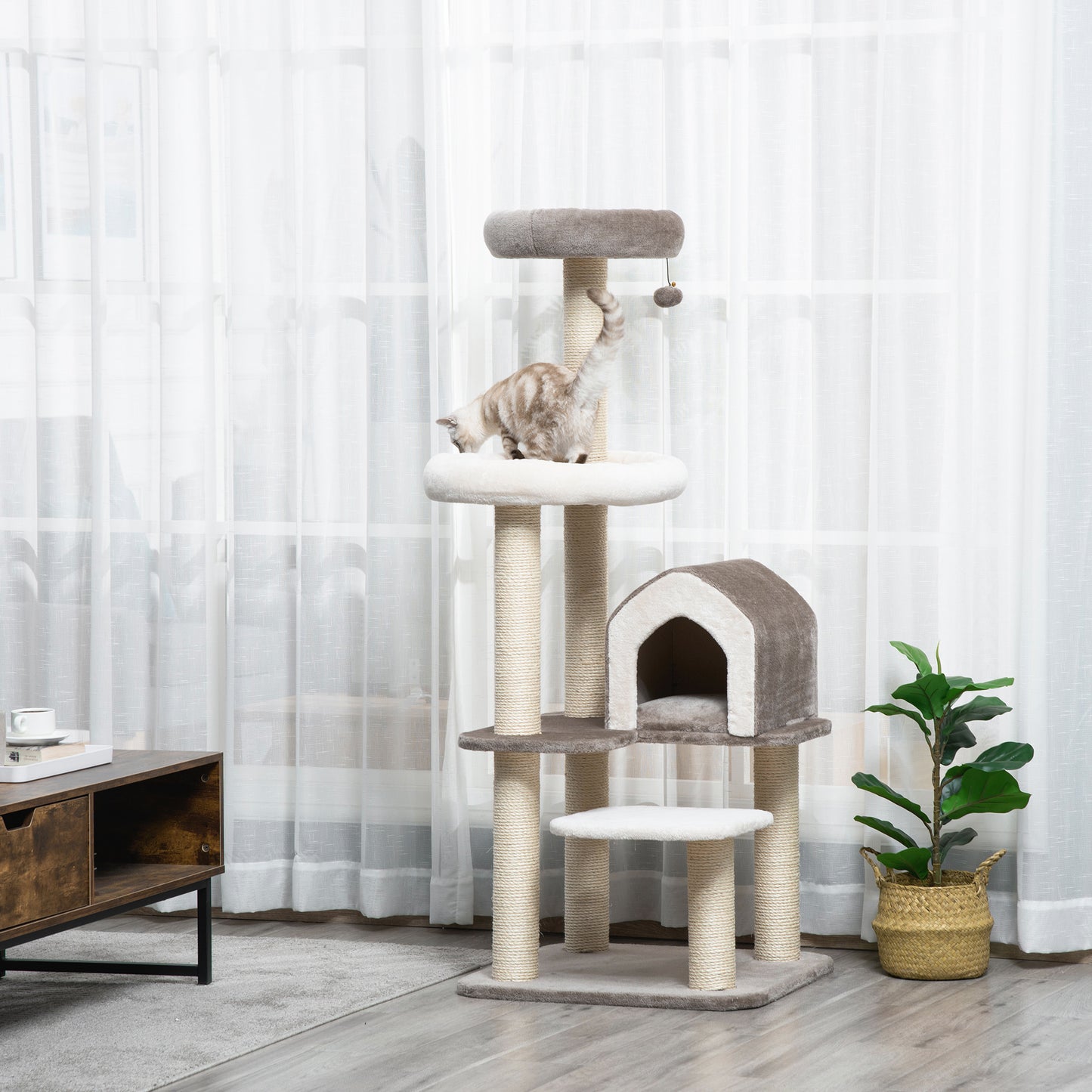Pawhut Árbol Rascador Para Gatos Altura 149 Cm Con Cueva Cama Y Postes De Sisal_1