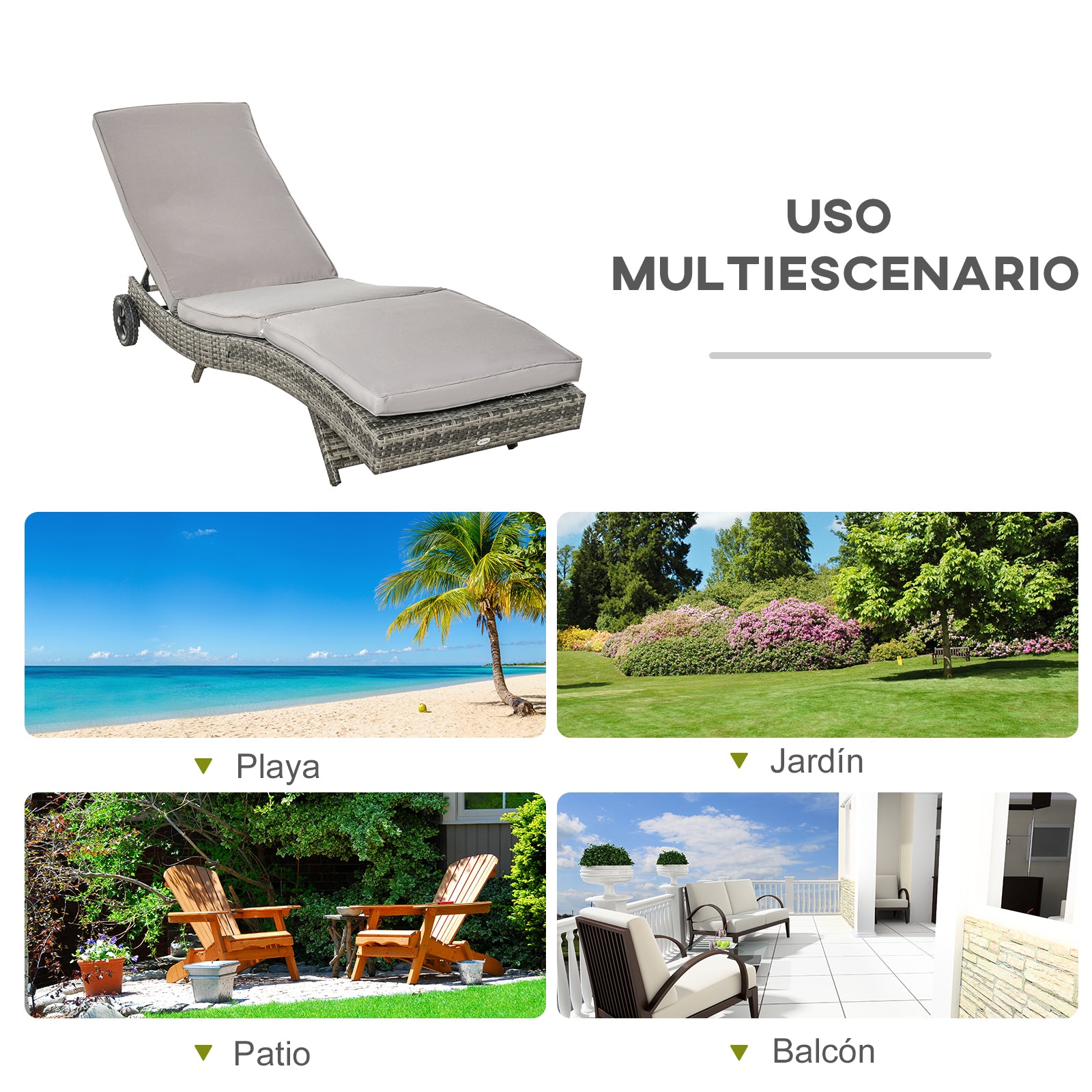 Outsunny Tumbona De Ratán Reclinable En Forma De S Con 2 Ruedas 207x70x70cm Gris_4