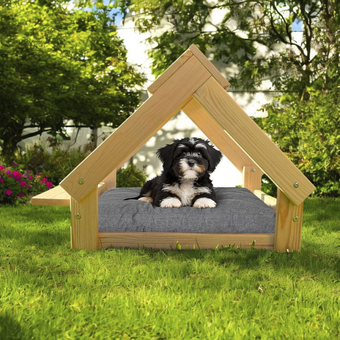 Well Home Caseta Para Perros De Interior, Estructura De Madera Con Soporte Para Cuencos Color Madera_2