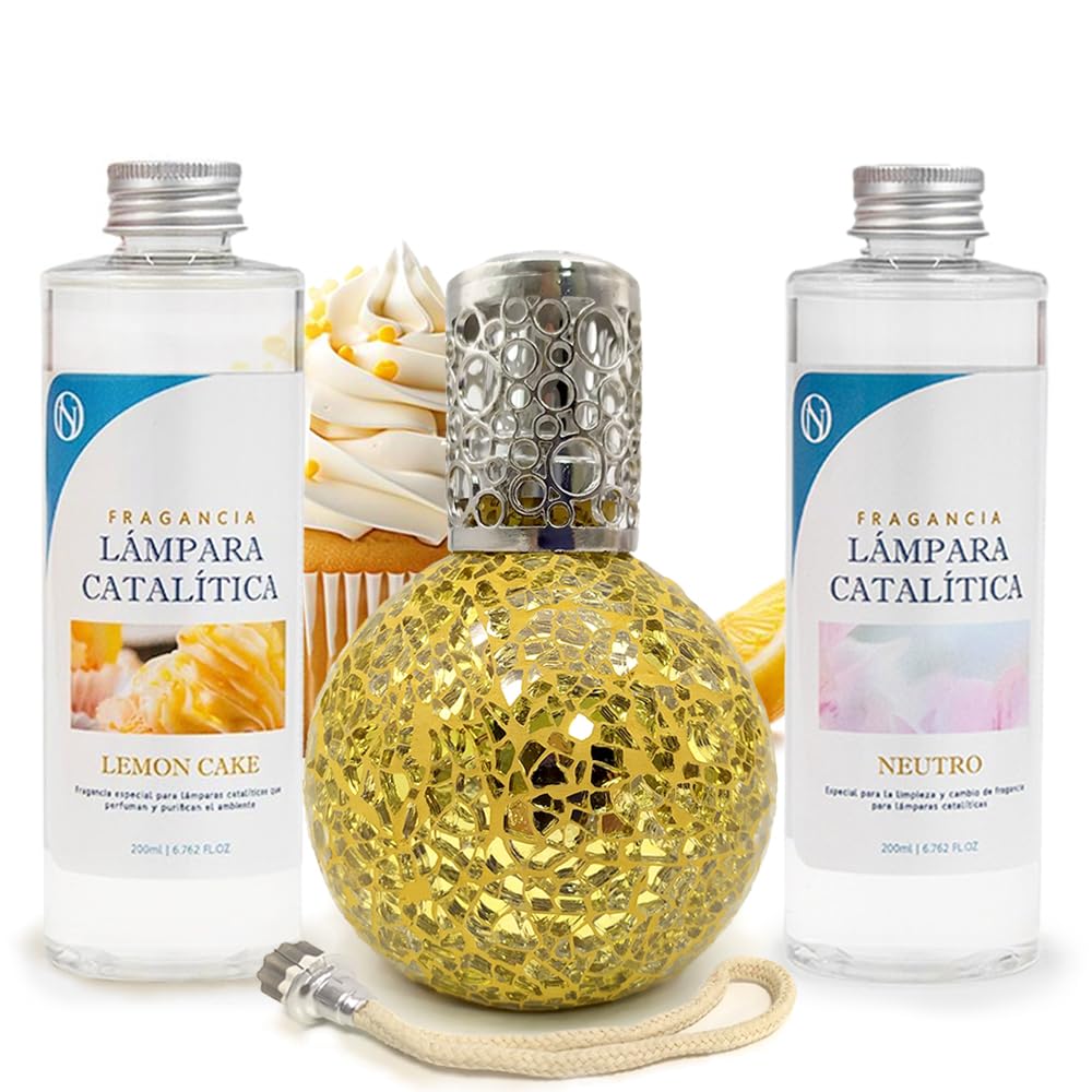 Pack Ahorro Lámpara Catalítica Mosaico Dorado + Fragancia Lemon Cake 200ml + Limpiador Neutro 200ml + Mecha Repuesto_0