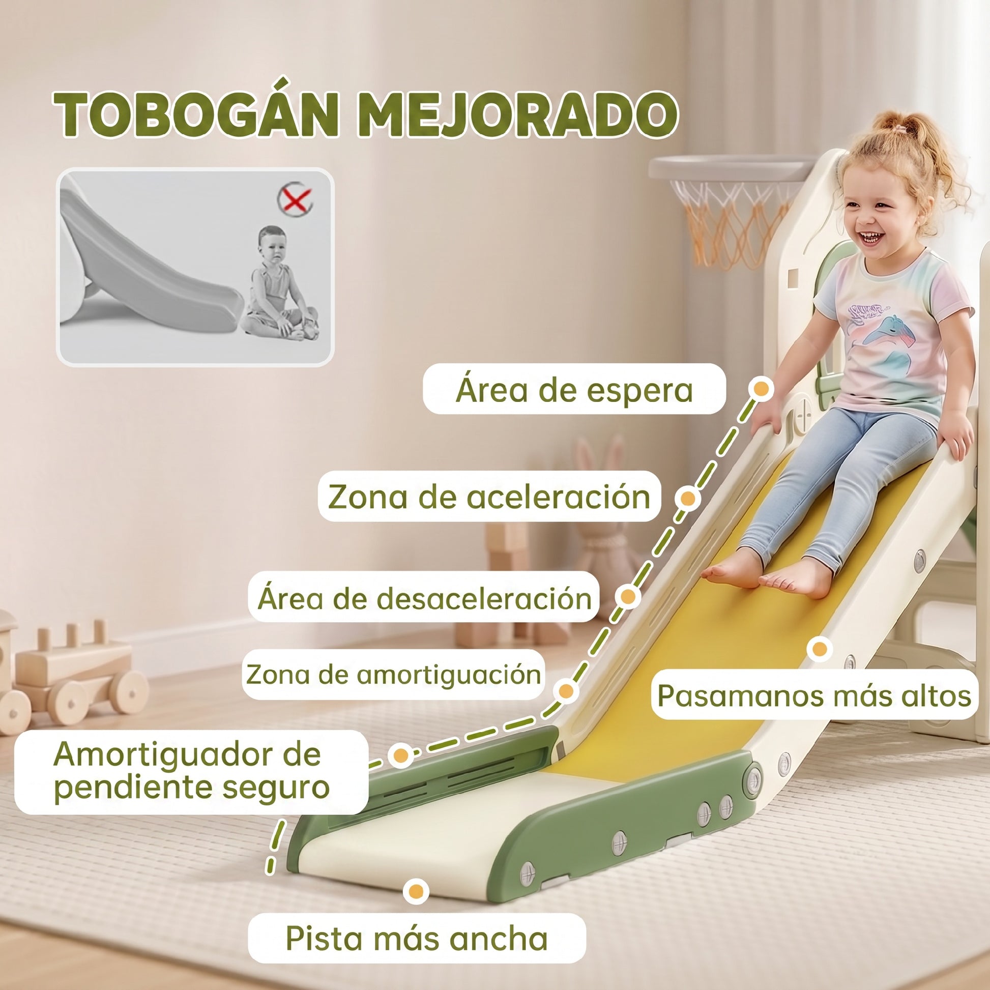 Aiyaplay Tobogán Infantil Plegable 4 En 1 Con Escalador Aro De Baloncesto Crema_5