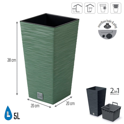 Macetero Color Verde Tierra, Con Depósito, Colección Furu, De 20 X 20 X 38 Cm, Capacidad De 5 L.