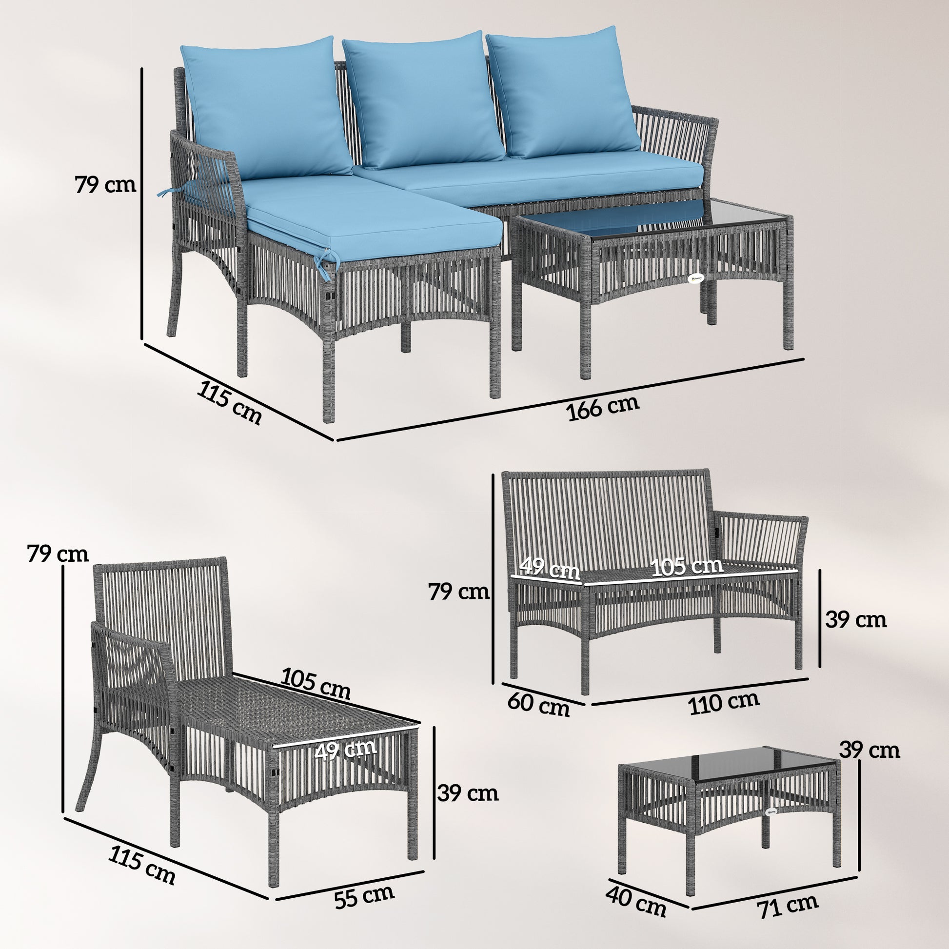 Outsunny Conjunto Muebles Jardín Exterior De Ratán 3 Piezas Cojines Azul Claro_2