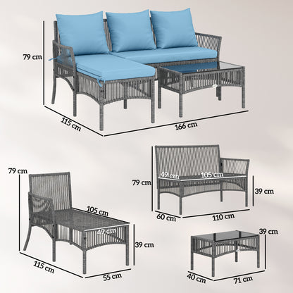Outsunny Conjunto Muebles Jardín Exterior De Ratán 3 Piezas Cojines Azul Claro_2